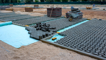 Heap of interlocking paving stones; Material for paving works on sheet of nonwovenの写真素材