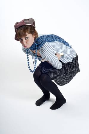 Girl with hat and necklace blue on white backgroundの写真素材