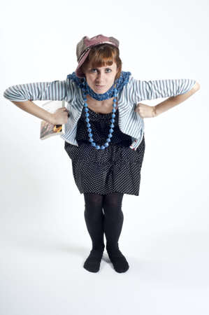 Girl with hat and necklace blue on white backgroundの写真素材