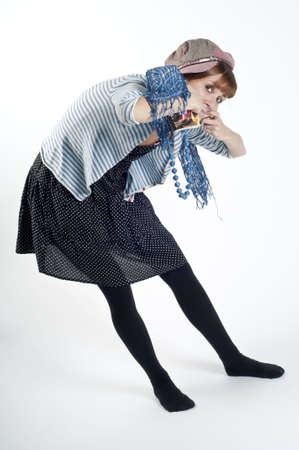 Girl with hat and necklace blue on white backgroundの写真素材