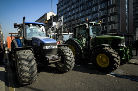 Milan, Italy - February, 22 2012: demonstration of tractors against milk quotasのeditorial素材