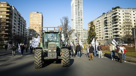 Milan, Italy - February, 22 2012: demonstration of tractors against milk quotasのeditorial素材