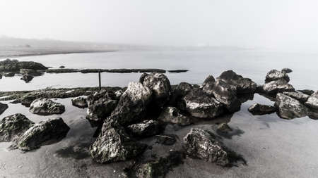 dramatic sea landscape with rock and fogの写真素材