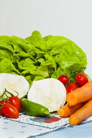 vegetables on the table, lettuce, onions, carrots and tomatoesの写真素材