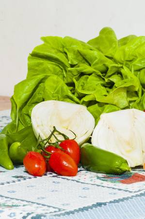 vegetables on the table, lettuce, onions, carrots and tomatoesの写真素材