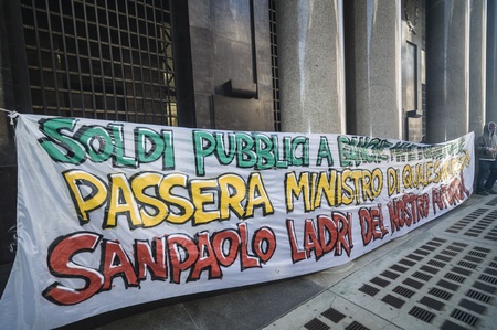 Milan, italy - March 30: Student manifestation held in Milan on March, 30 2012. Students protests against Monti government and banks.のeditorial素材