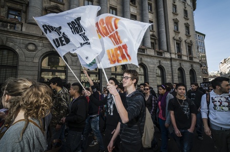 Milan, italy - March 30: Student manifestation held in Milan on March, 30 2012. Students protests against Monti government and banks.のeditorial素材