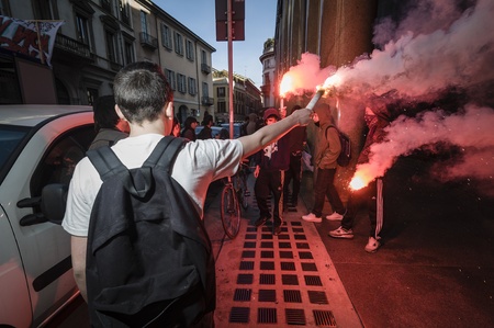 Milan, italy - March 30: Student manifestation held in Milan on March, 30 2012. Students protests against Monti government and banks.のeditorial素材