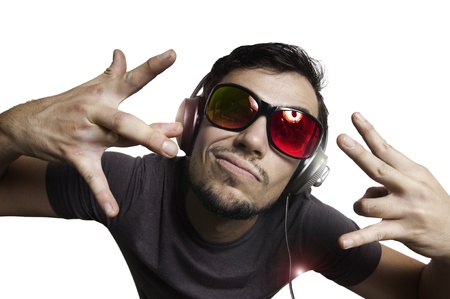 Crazy guy with headphones on white backgroundの写真素材