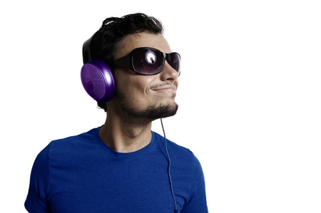 Crazy guy with headphones on white backgroundの写真素材