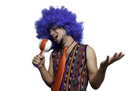 Crazy guy with blue wig on white backgroundの写真素材