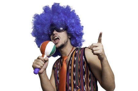 Crazy guy with blue wig on white backgroundの写真素材