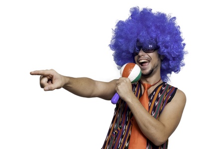Crazy guy with blue wig on white backgroundの写真素材