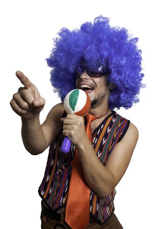 Crazy guy with blue wig on white backgroundの写真素材
