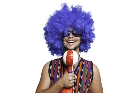 Crazy guy with blue wig on white backgroundの写真素材
