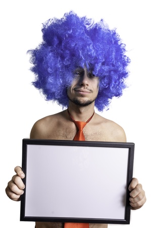 crazy sexy guy with a blank white board in hand on white backgroundの写真素材