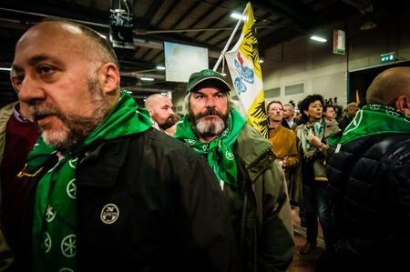 BERGAMO, ITALY - APRIL 14  Lega Nord meeting held in Bergamo April 14, 2012  The Italian right political party Lega Nord, meets with its voters to discuss internal problems and elect new presidentのeditorial素材