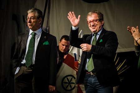 BERGAMO, ITALY - APRIL 14 Maroni e Bossi in Bergamo April 14, 2012  The Italian right political party Lega Nord, meets with its voters to discuss internal problems and elect new presidentのeditorial素材