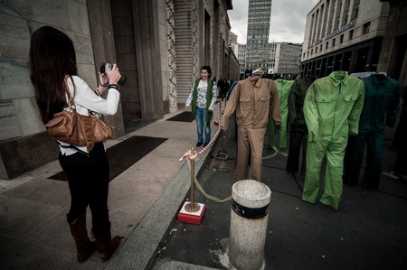 MILAN, ITALY - APRIL 23  art installation by Gianfranco Angelico Benvenuto in Milan on April, 23 2012  Installation  100 Sogni morti sul lavoro  exposed in honor of dead on work in Milan Piazza Duomoのeditorial素材