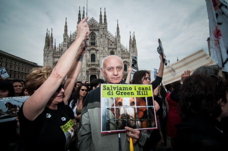 MILANO, ITALY - MAY 8  Manifestation against vivisection in Milan May 8, 2012  People protest in Milan against vivisection, struggling to close the dog testing center Green Hill and promoting veganismのeditorial素材