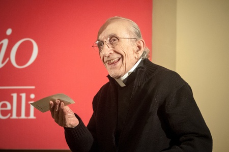 MILAN, ITALY -  MAY 07: Don Gallo during a conference in Milan on May, 7 2012. Don Andrea Gallo, Genova 1928 - Genova 2013, was a revolutionary priest often deployed against the hierarchy of the church.のeditorial素材