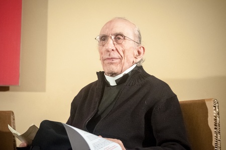 MILAN, ITALY -  MAY 07: Don Gallo during a conference in Milan on May, 7 2012. Don Andrea Gallo, Genova 1928 - Genova 2013, was a revolutionary priest often deployed against the hierarchy of the church.のeditorial素材