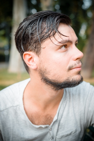 close up portrait of youg stylish man profileの写真素材