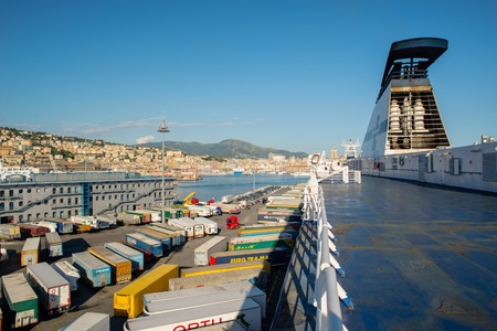 GENOA, ITALY - AGOUST 10: View of Port of Genoa from docked ship on August, 10 2013. the port of...
