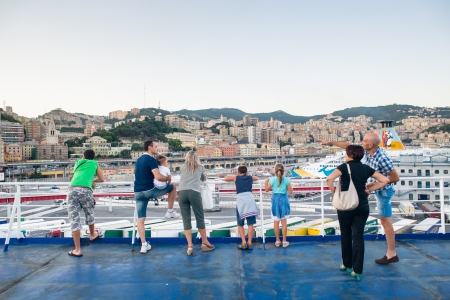 GENOA, ITALY - AGOUST 10: View of Port of Genoa from docked ship on August, 10 2013. the port of...