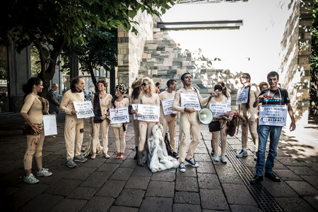 MILAN, ITALY - SEPTEMBER 17: Animalisti Italiani protest on September 17, 2013. Animal right association 'Animalisti Italiani' protest against furs and fashion, in famous fashion Milan street Monte Napoleoneのeditorial素材