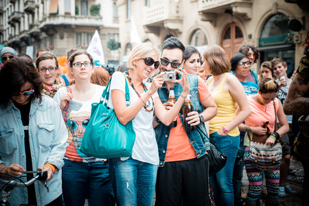 MILAN, ITALY - JUNE 29: gay pride manifestation in Milan June 29, 2013. Normal people, gay, lesbians, transgenders and bisexuals take to the street for their rights organizing a street parade partyのeditorial素材