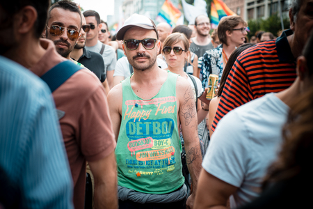 MILAN, ITALY - JUNE 29: gay pride manifestation in Milan June 29, 2013. Normal people, gay, lesbians, transgenders and bisexuals take to the street for their rights organizing a street parade partyのeditorial素材