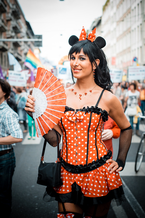 MILAN, ITALY - JUNE 29: gay pride manifestation in Milan June 29, 2013. Normal people, gay, lesbians, transgenders and bisexuals take to the street for their rights organizing a street parade partyのeditorial素材
