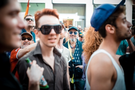 MILAN, ITALY - JUNE 29: gay pride manifestation in Milan June 29, 2013. Normal people, gay, lesbians, transgenders and bisexuals take to the street for their rights organizing a street parade partyのeditorial素材