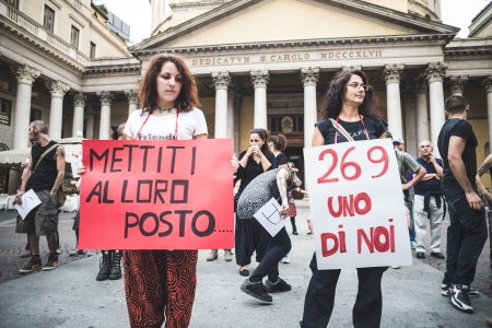 MILAN, ITALY - SEPTEMBER 26: 269 Life  manifestation on September 26, 2013. Animal right association '269 Life' protest against vivisection, animals right, meat nutrition and productionのeditorial素材
