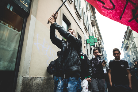 MILAN, ITALY - OCTOBER 4: Students manifestation on October, 4 2013. Students took to the streets to protest against italian austerity claiming their futureのeditorial素材