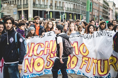 MILAN, ITALY - OCTOBER 4: Students manifestation on October, 4 2013. Students took to the streets to...