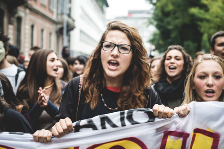 MILAN, ITALY - OCTOBER 4: Students manifestation on October, 4 2013. Students took to the streets to protest against italian austerity claiming their futureのeditorial素材