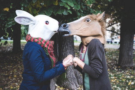 horse and rabbit mask women in the park autumnの写真素材
