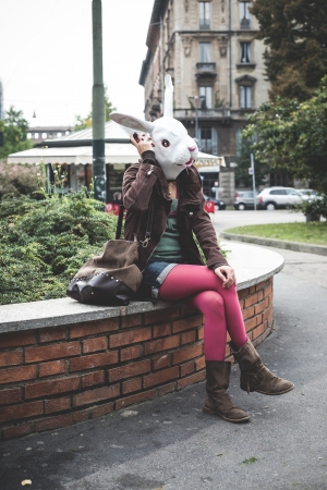 rabbit head woman in the cityの写真素材