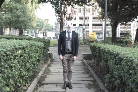 rabbit mask man in the cityの写真素材