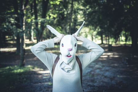 young hipster rabbit mask woman in the woodland autumnの写真素材