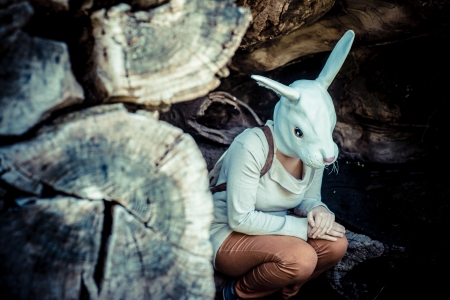 young hipster rabbit mask woman in the woodland autumnの写真素材