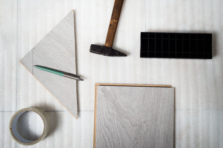 still life zenithal of work tools and bricolage at homeの写真素材