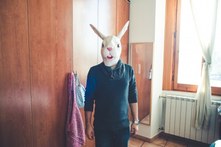 mask rabbit man at homeの写真素材