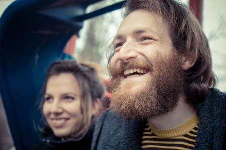 young modern stylish couple outdoorsの写真素材