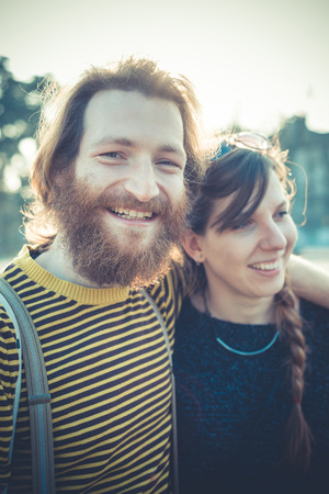 young modern stylish couple urban city outdoorsの写真素材