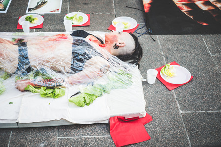 MILAN, ITALY - MARCH 21: 269 Life protest on March 21, 2014. Animal rights association '269 Life' portest against vivisection, animals right, meat nutrition and productionのeditorial素材