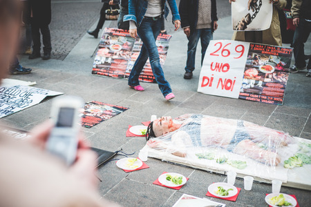 MILAN, ITALY - MARCH 21: 269 Life protest on March 21, 2014. Animal rights association '269 Life' portest against vivisection, animals right, meat nutrition and productionのeditorial素材