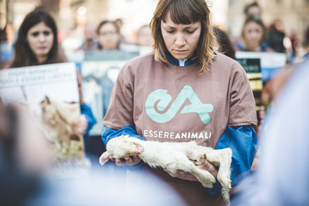 MILAN, ITALY - APRIL 13: Essere Animali protest on April, 13 2014: a group of activists of animal rights association 'Essere Animali' performed with real dead lambs in city center before easterのeditorial素材